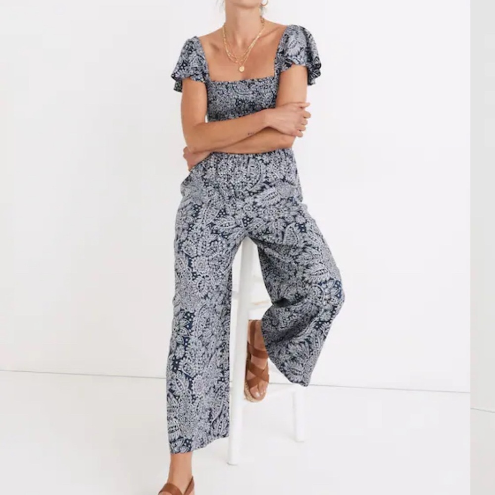 Madewell women’s Lucie Smocked Wide Leg Jumpsuit Paisley blue print size 14